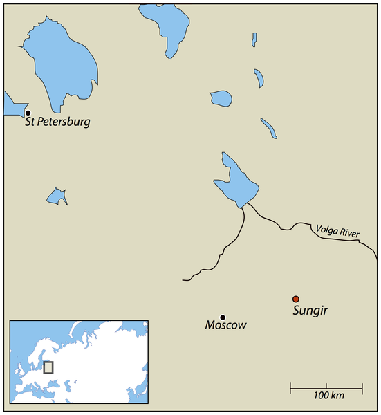 Figura 1 Mapa de localización del sitio Sungir (56 ° 11'N 40 ° 30'E).