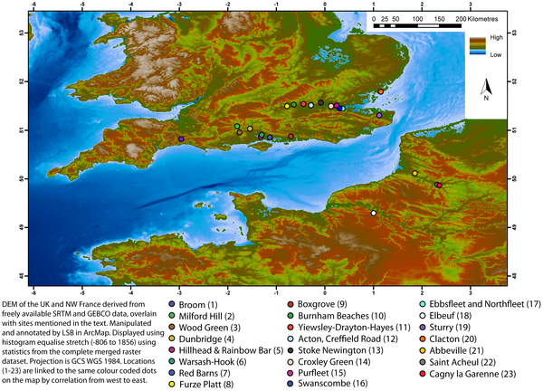 Figura 1 La distribución de la Baja al Paleolítico Medio (pre-MIS 5) sitios en Gran Bretaña y el norte de Francia, con más de 500 bifaces (incluyendo roughouts) y otros sitios clave hace referencia en el texto.