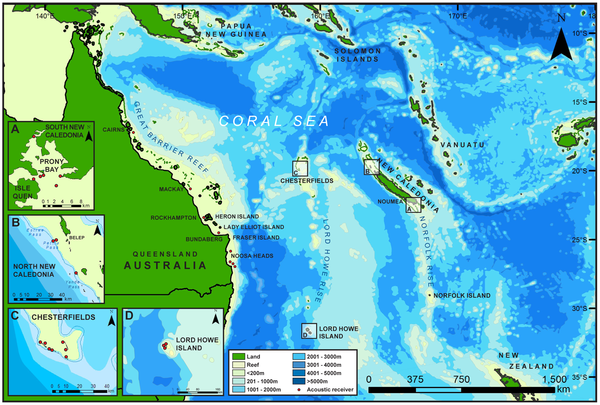 Figure 1 Seamounts and surrounding bathymetry across the Coral Sea between New Caledonia and Australia.