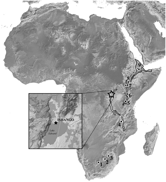 Figura 1 ubicaciones geográficas de Ishango y otras localidades africanas de homininos primeros fósiles del período de transición Plio-Pleistoceno, ca.  2.6 a 1.8 Ma (es decir, Au. Africanus, Au. Garhi,. Au sediba, H. habilis, H. rudolfensis, P. aethiopicus, P. boisei, P. robustus).