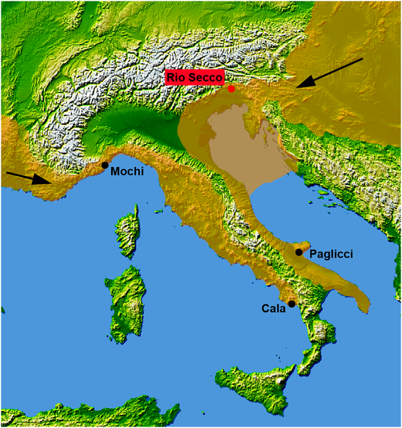 Figura 1 Los primeros sitios del Medio Paleolítico Superior en Italia.