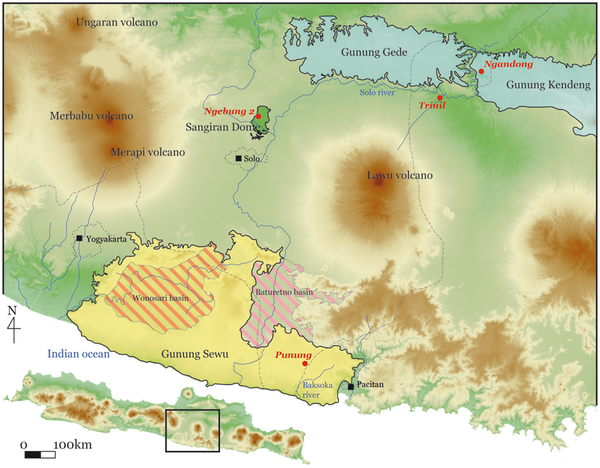 Figura 1 Mapa de Java Central que apunta al sitio de Trinil y otros sitios arqueológicos y paleontológicos mencionados en el texto.