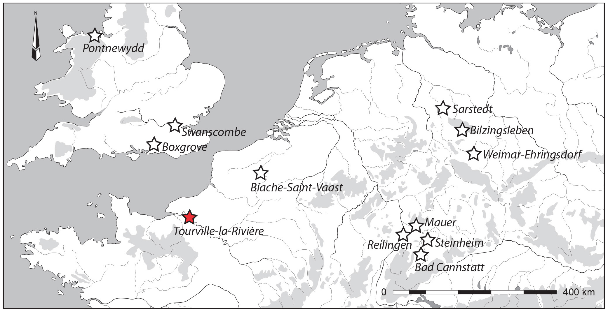 Figure 1 Location of the open-area site of Tourville-la-Rivière and other Northwest European (north to 45°N and west to 16°E) contexts, contemporaries of lower and middle Pleistocene (MIS-10-6), that have yielded human remains.