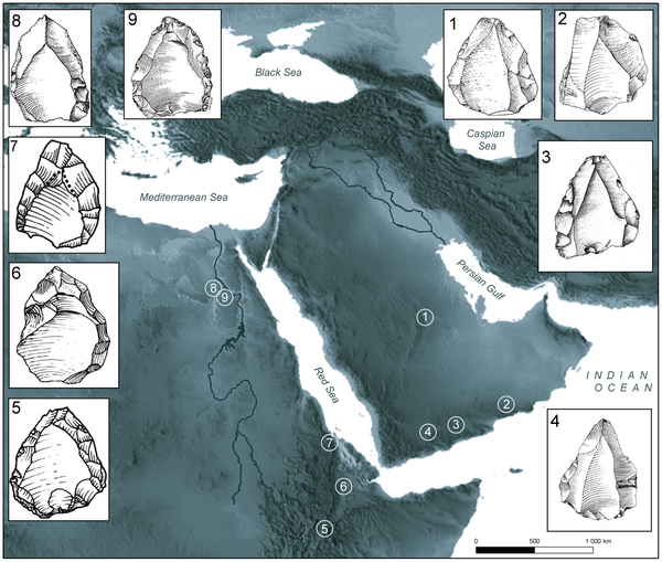 Figure 11 Distribution of main sites with Nubian cores in Eastern Africa and Arabia.